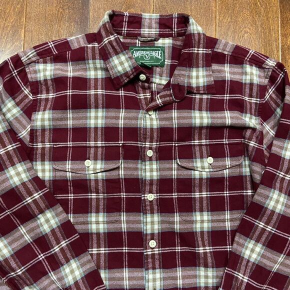 American Eagle Vintage Maroon Tan Plaid Button Front Flannel Men's Size Large - Picture 2 of 7